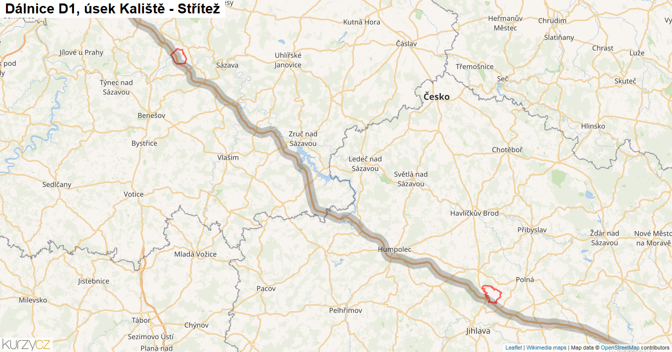 Úsek Kaliště - Střítež, Dálnice D1 - Mapa
