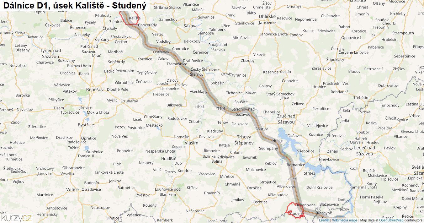 Úsek Kaliště - Studený, Dálnice D1 - Mapa