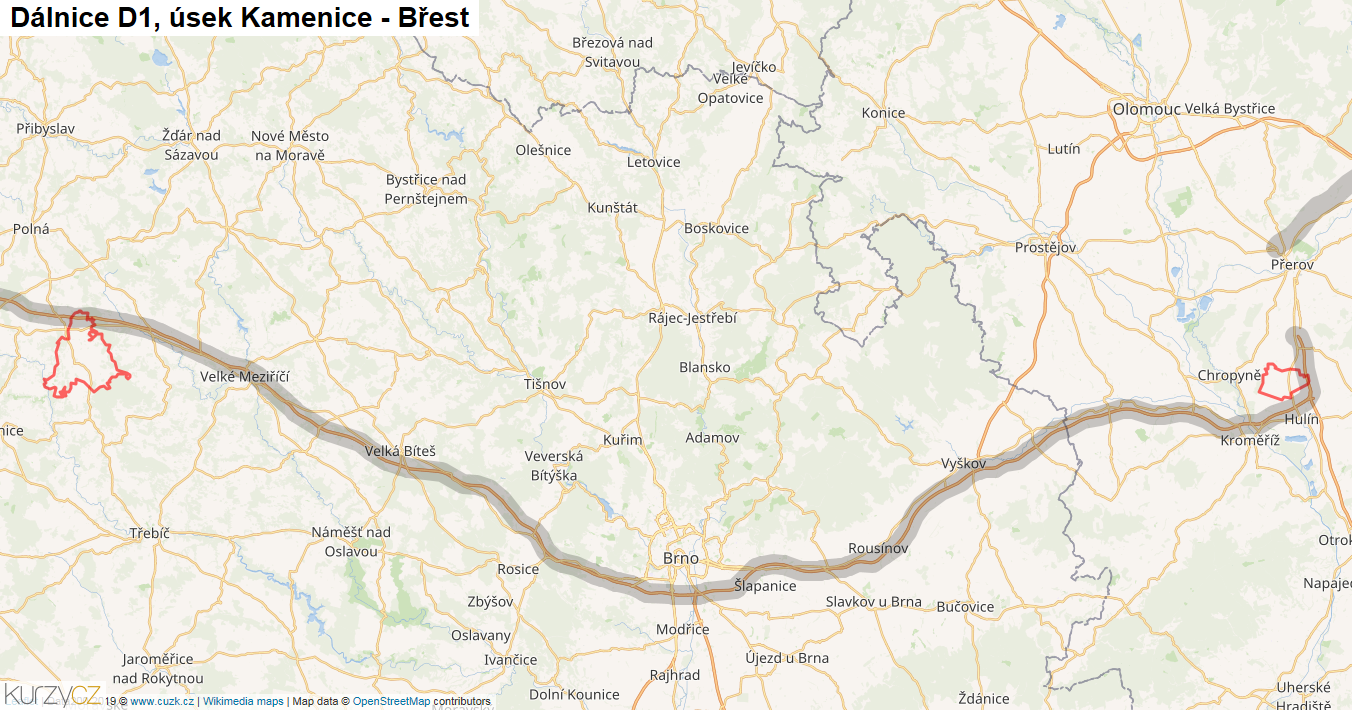 Úsek Kamenice - Břest, Dálnice D1 - Mapa