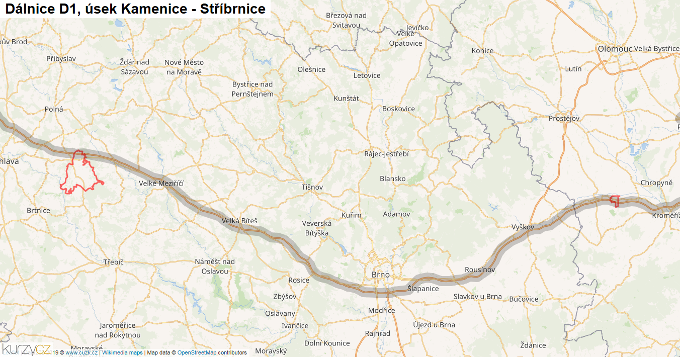 Úsek Kamenice - Stříbrnice, Dálnice D1 - Mapa