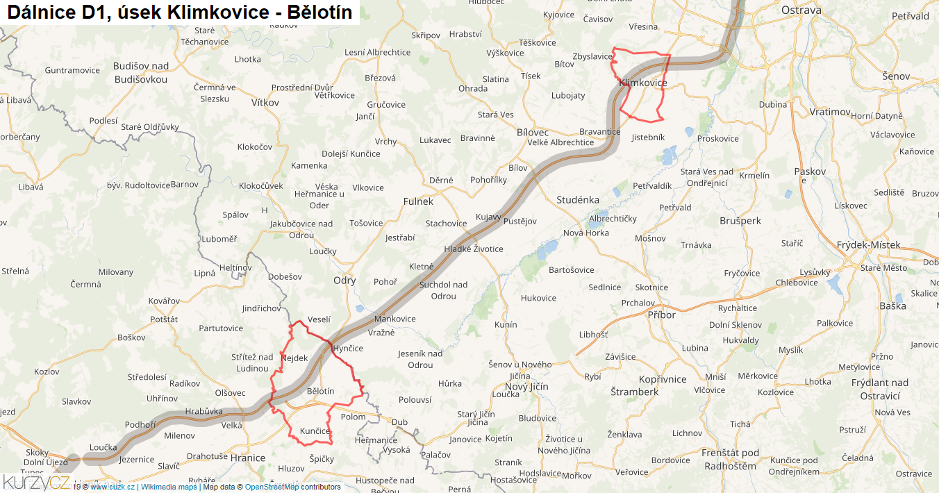 Úsek Klimkovice - Bělotín, Dálnice D1 - Mapa