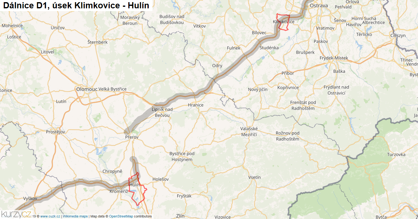 Úsek Klimkovice - Hulín, Dálnice D1 - Mapa