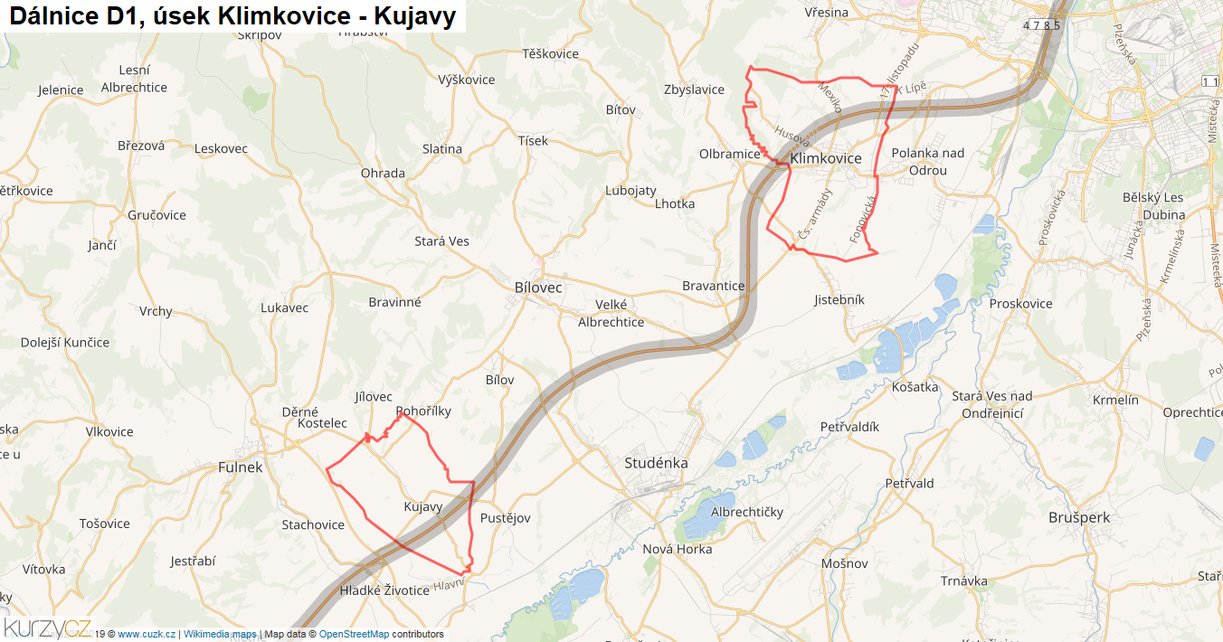 Úsek Klimkovice - Kujavy, Dálnice D1 - Mapa
