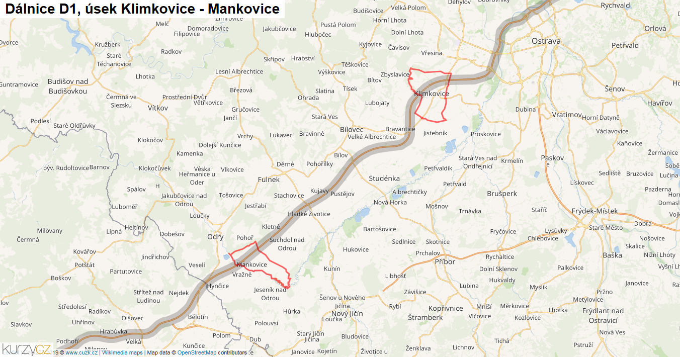 Úsek Klimkovice - Mankovice, Dálnice D1 - Mapa