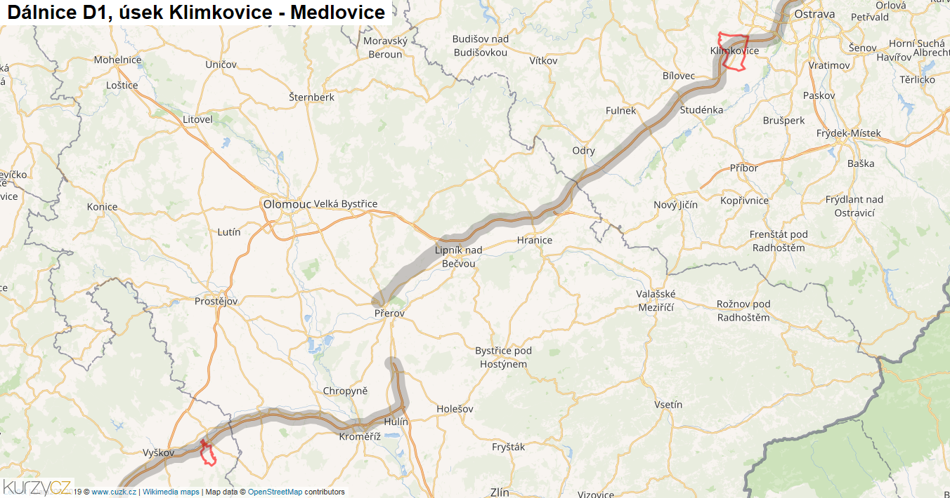 Úsek Klimkovice - Medlovice, Dálnice D1 - Mapa