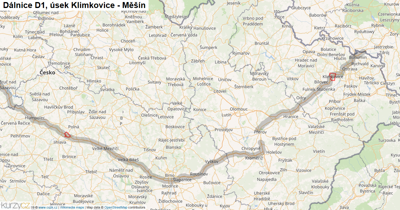 Úsek Klimkovice - Měšín, Dálnice D1 - Mapa