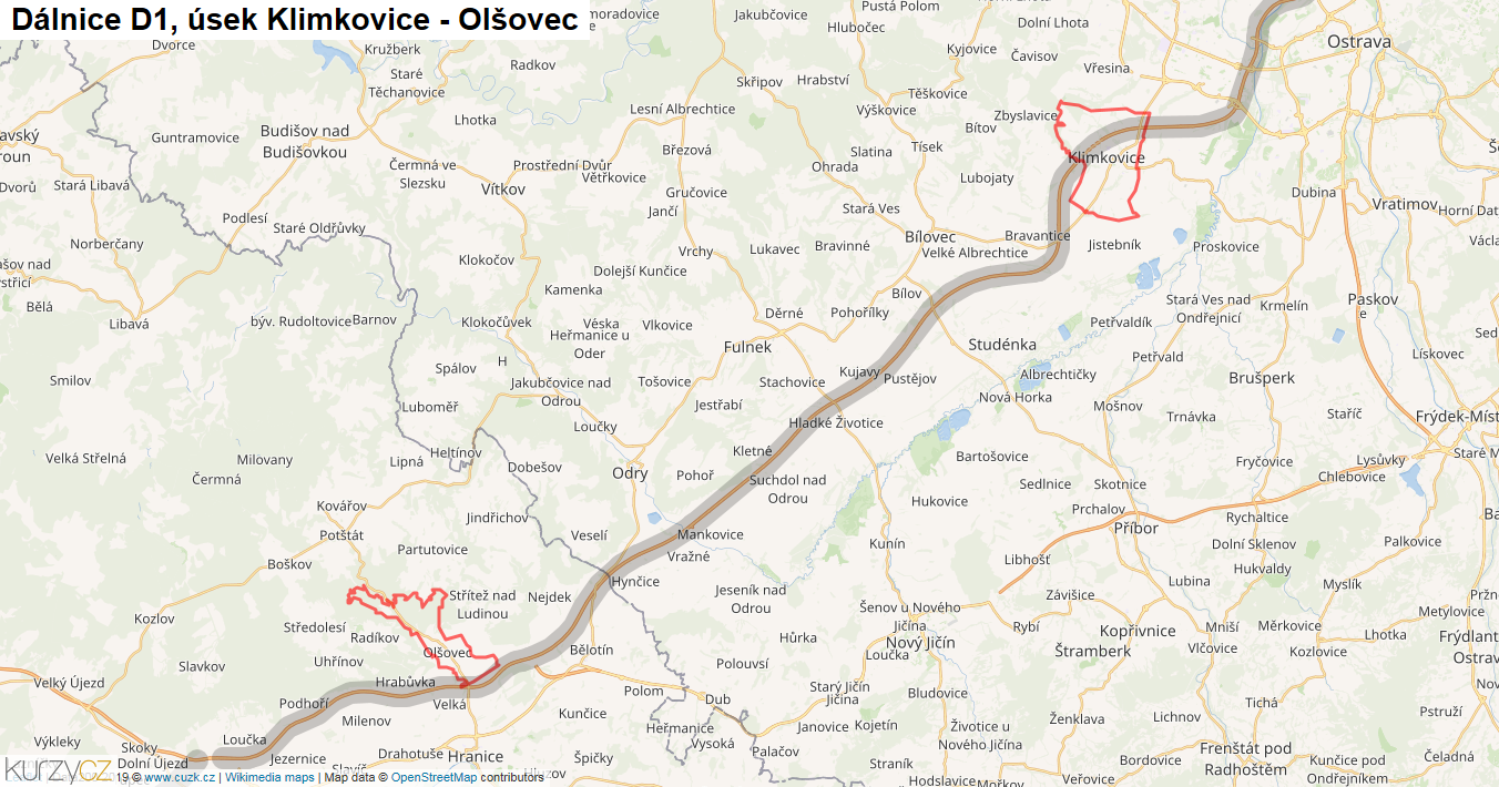 Úsek Klimkovice - Olšovec, Dálnice D1 - Mapa