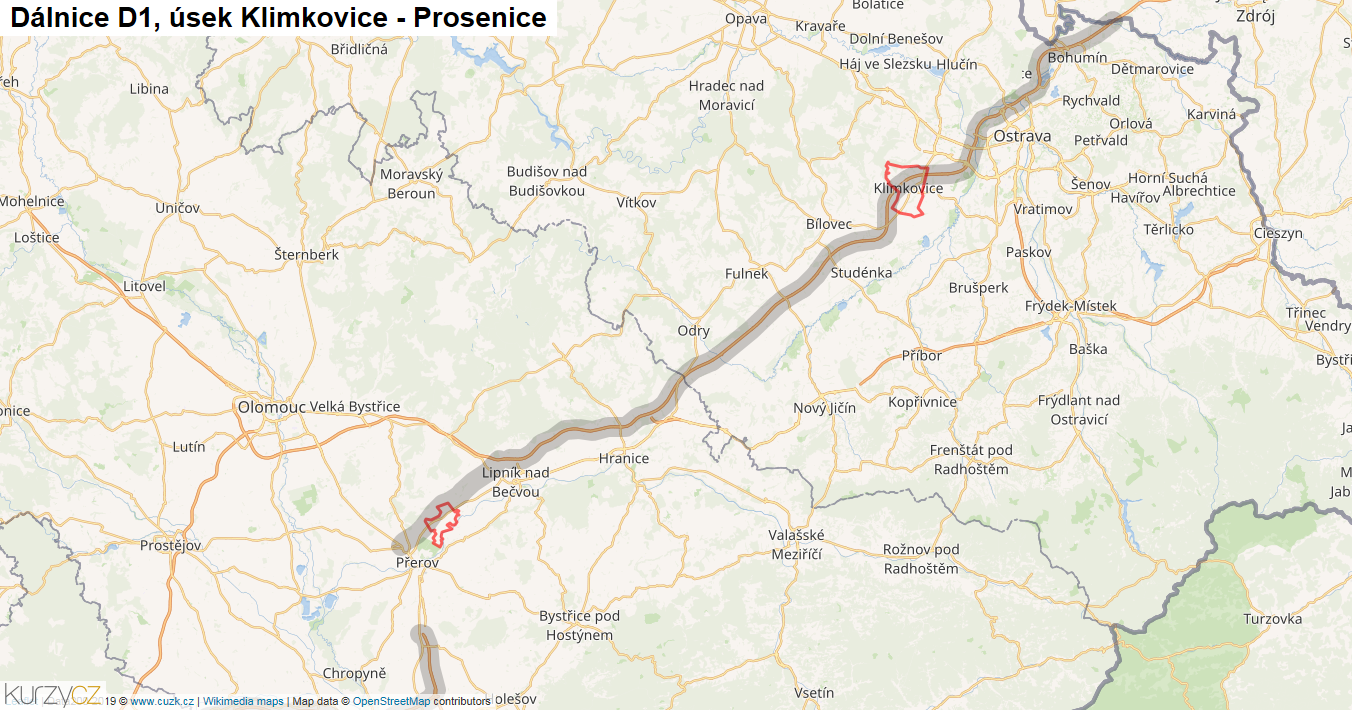 Úsek Klimkovice - Prosenice, Dálnice D1 - Mapa