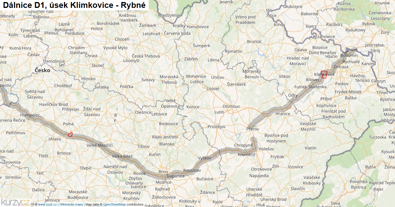 Úsek Klimkovice - Rybné, Dálnice D1 - Mapa
