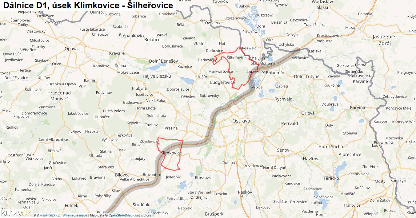 Úsek Klimkovice - Šilheřovice, Dálnice D1 - Mapa