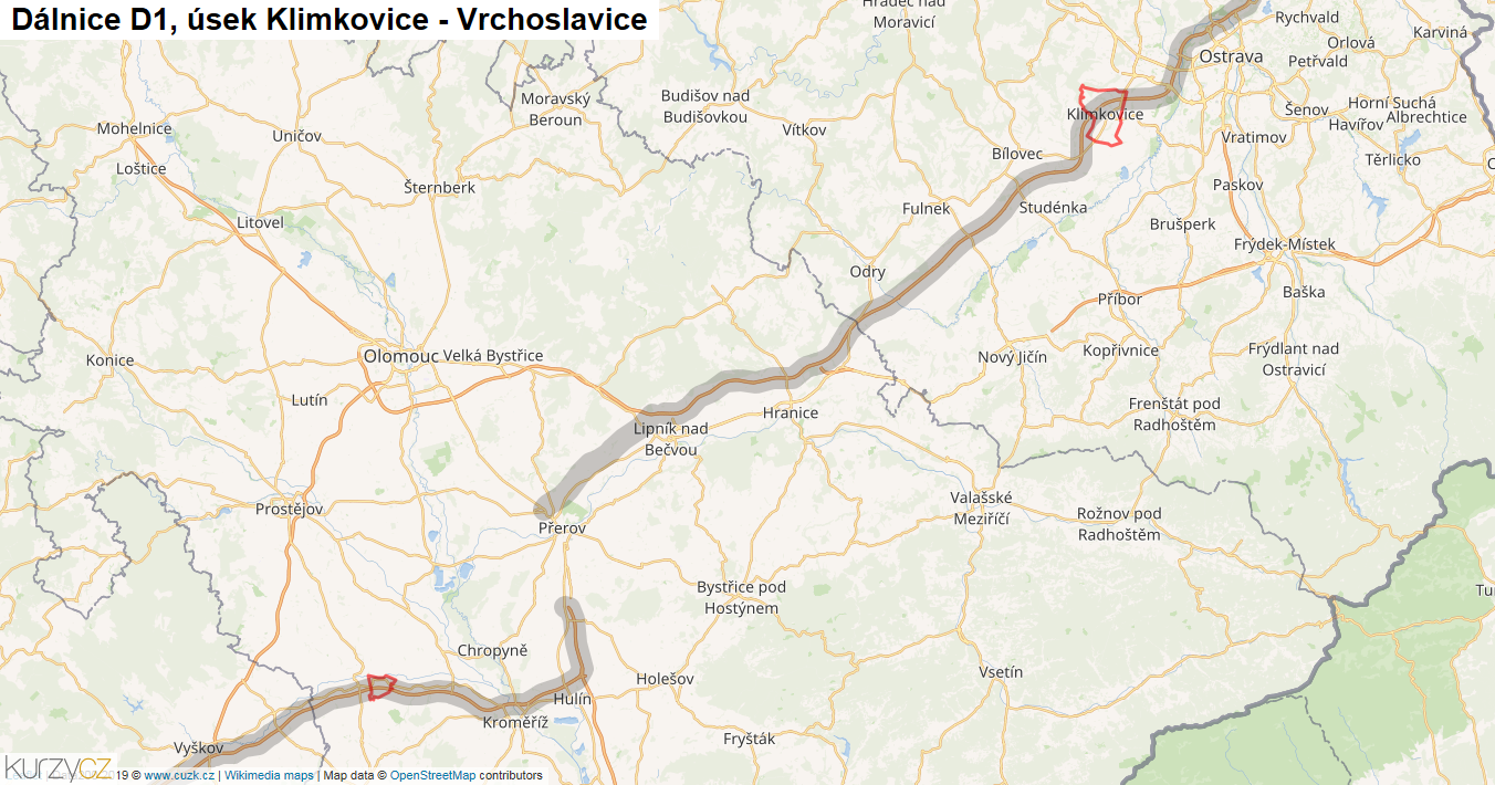Úsek Klimkovice - Vrchoslavice, Dálnice D1 - Mapa