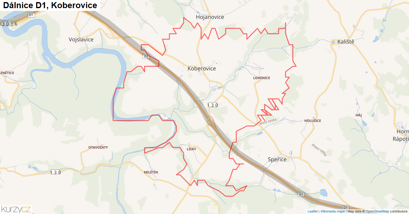 Koberovice, Dálnice D1 - Mapa