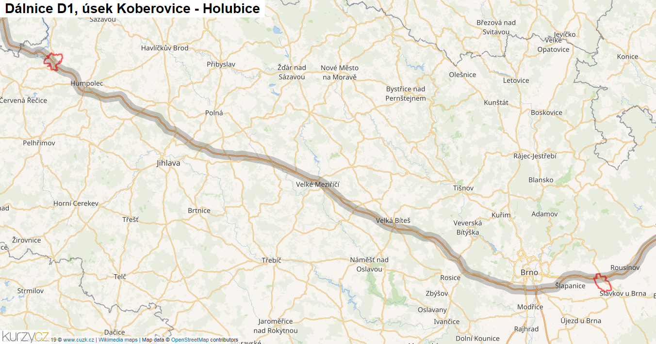 Úsek Koberovice - Holubice, Dálnice D1 - Mapa