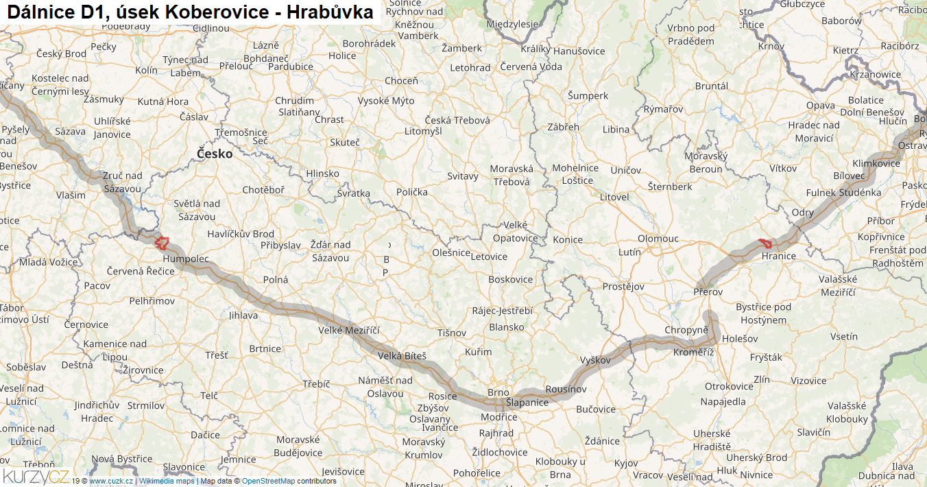 Úsek Koberovice - Hrabůvka, Dálnice D1 - Mapa