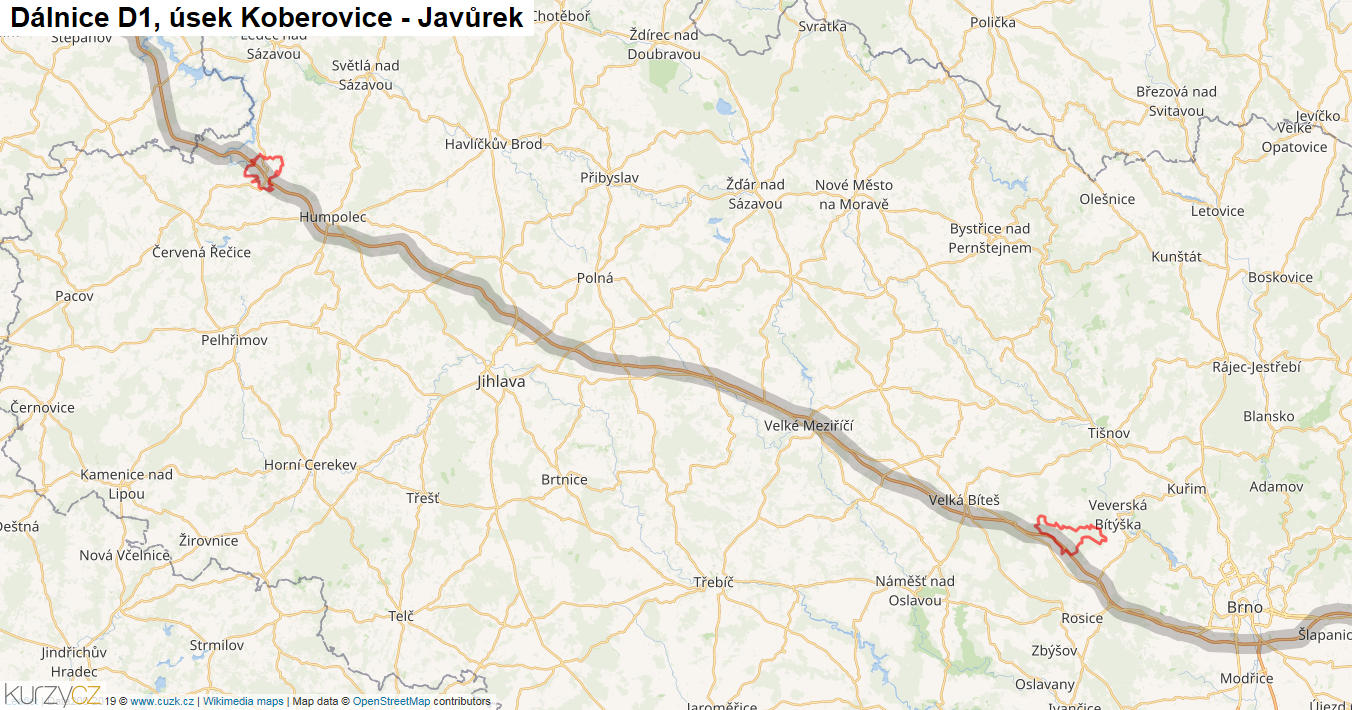 Úsek Koberovice - Javůrek, Dálnice D1 - Mapa