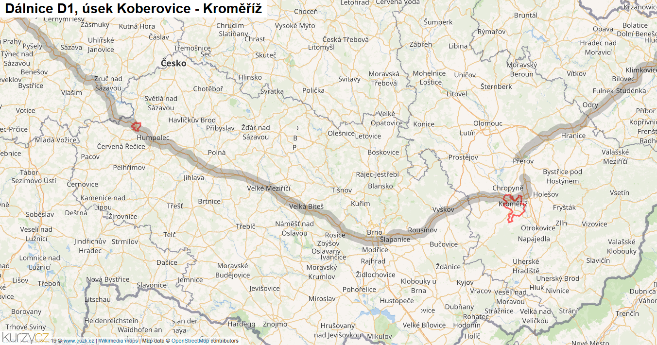 Úsek Koberovice - Kroměříž, Dálnice D1 - Mapa