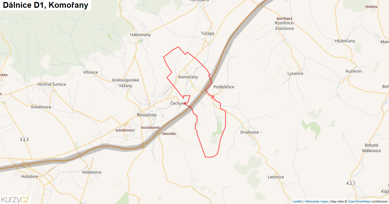 Komořany, Dálnice D1 - Mapa
