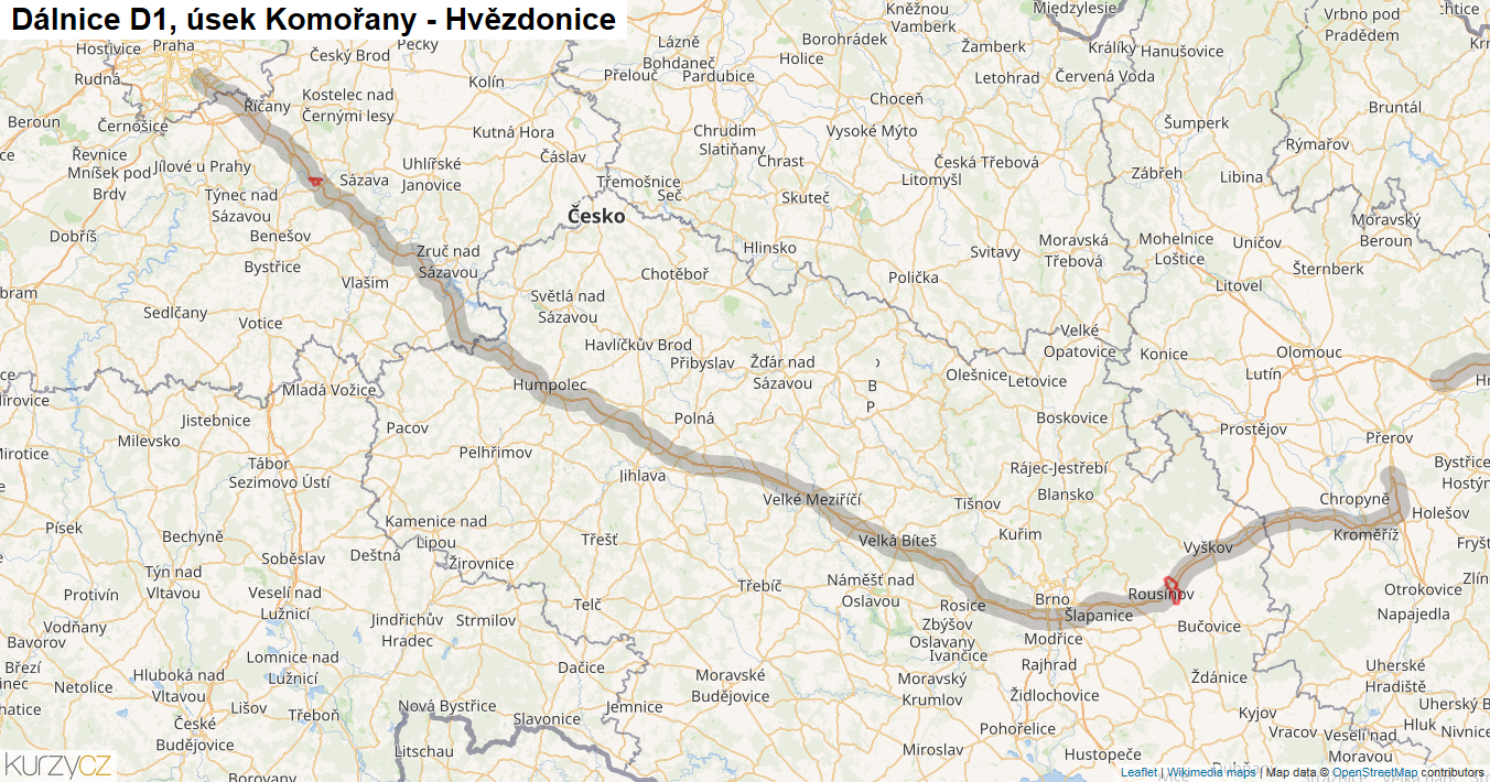 Úsek Komořany - Hvězdonice, Dálnice D1 - Mapa
