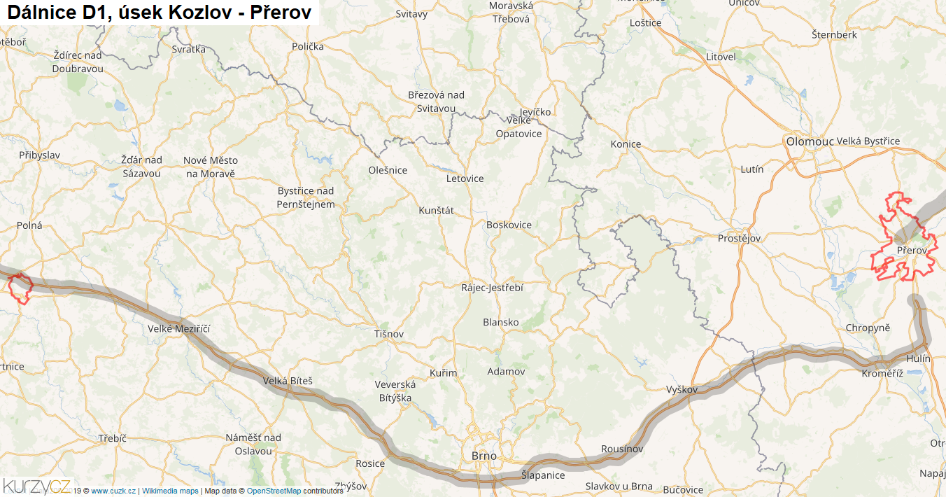 Úsek Kozlov - Přerov, Dálnice D1 - Mapa