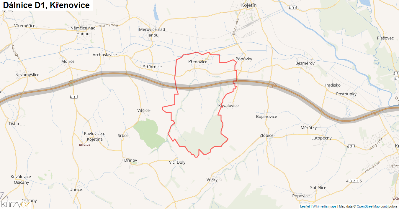 Křenovice, Dálnice D1 - Mapa