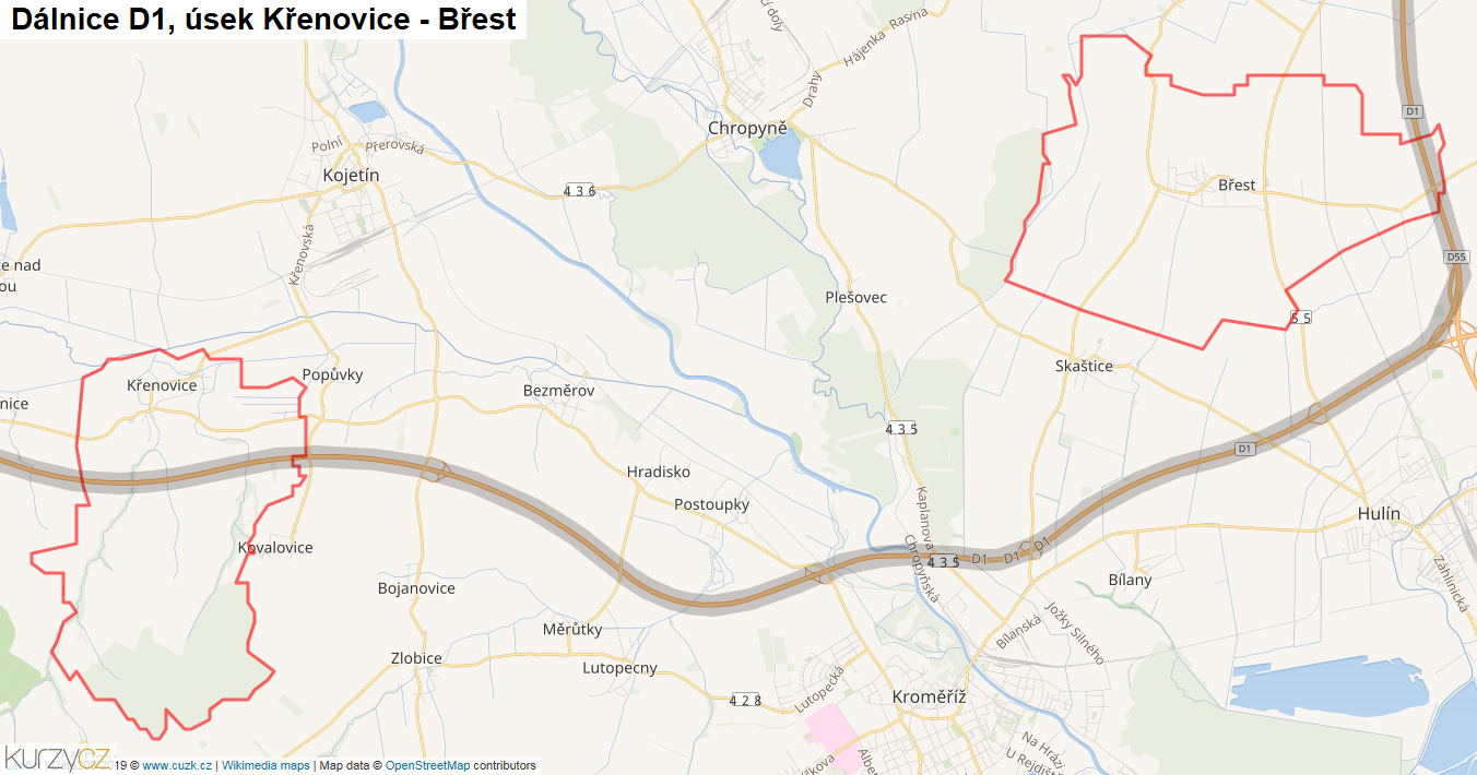 Úsek Křenovice - Břest, Dálnice D1 - Mapa
