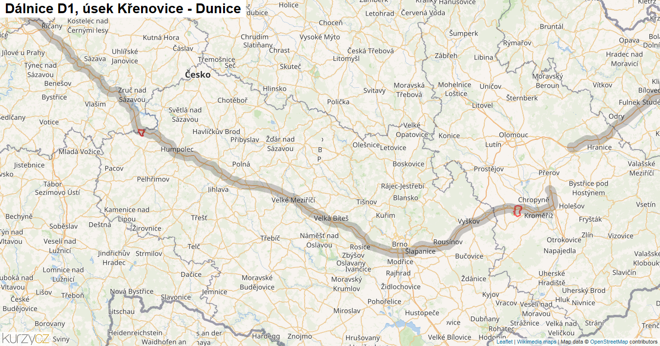 Úsek Křenovice - Dunice, Dálnice D1 - Mapa
