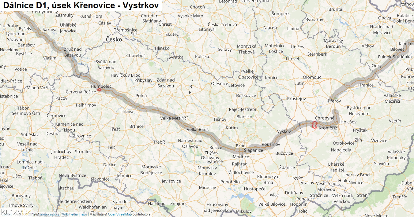 Úsek Křenovice - Vystrkov, Dálnice D1 - Mapa