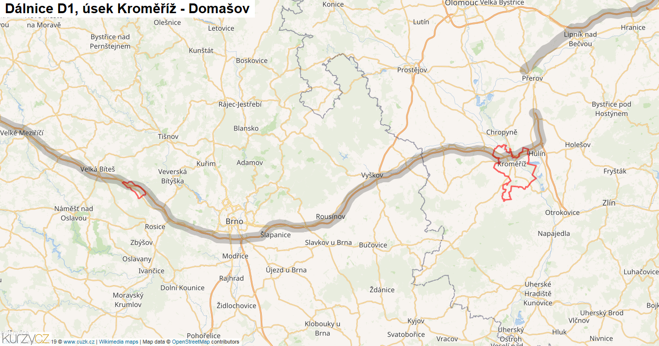 Úsek Kroměříž - Domašov, Dálnice D1 - Mapa