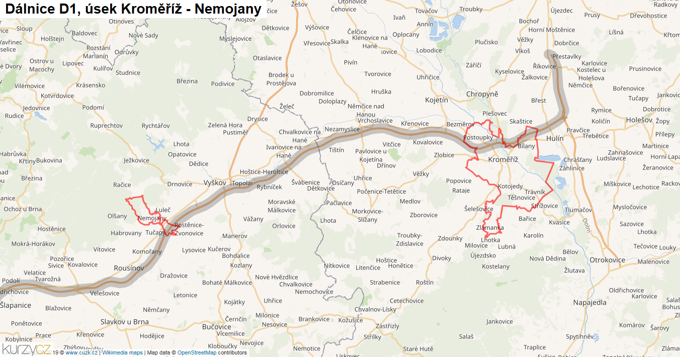 Úsek Kroměříž - Nemojany, Dálnice D1 - Mapa