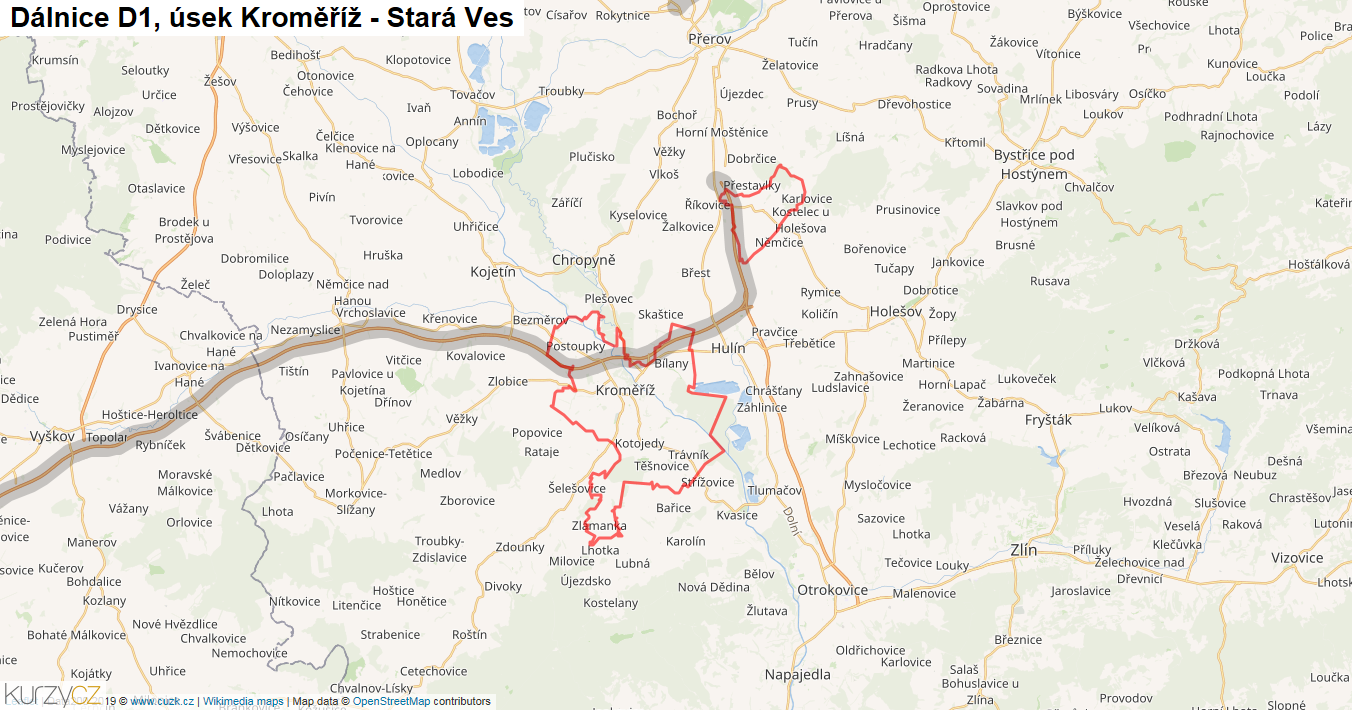 Úsek Kroměříž - Stará Ves, Dálnice D1 - Mapa