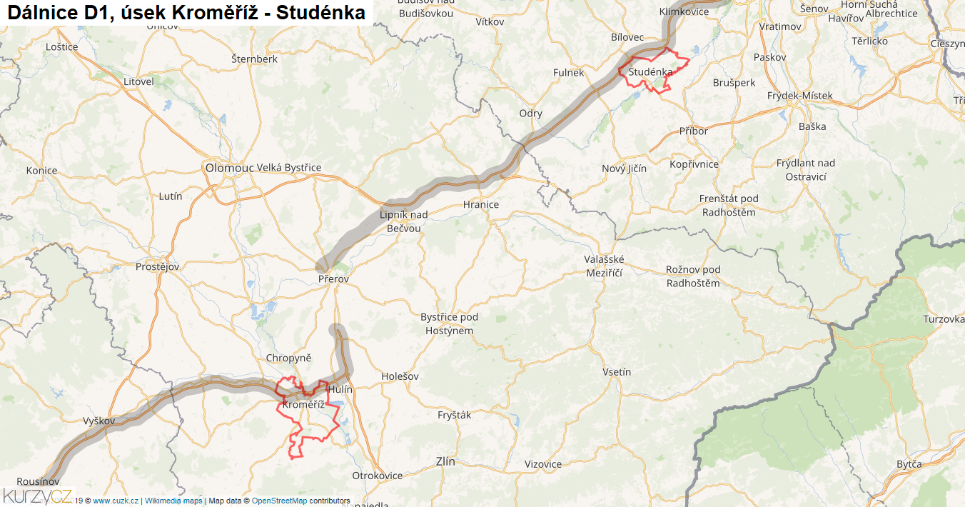 Úsek Kroměříž - Studénka, Dálnice D1 - Mapa