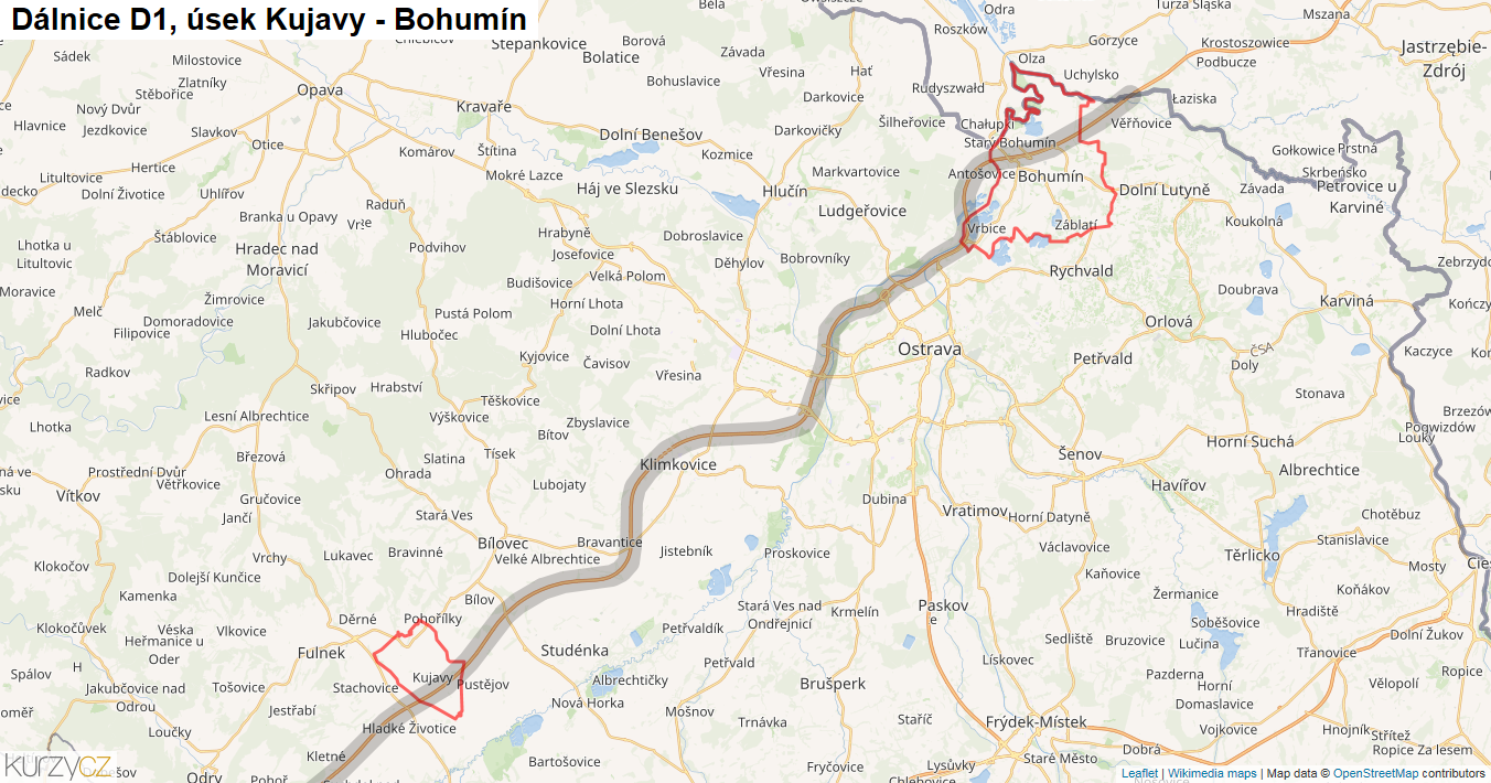 Úsek Kujavy - Bohumín, Dálnice D1 - Mapa