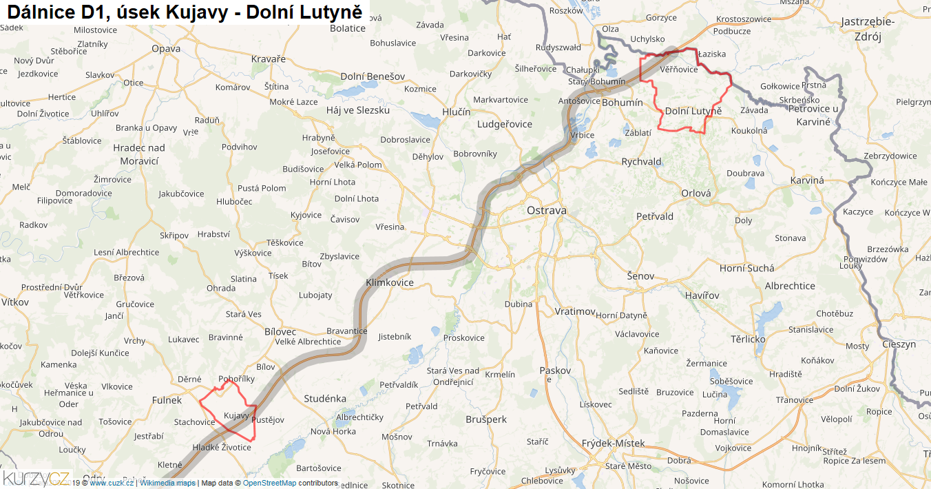 Úsek Kujavy - Dolní Lutyně, Dálnice D1 - Mapa