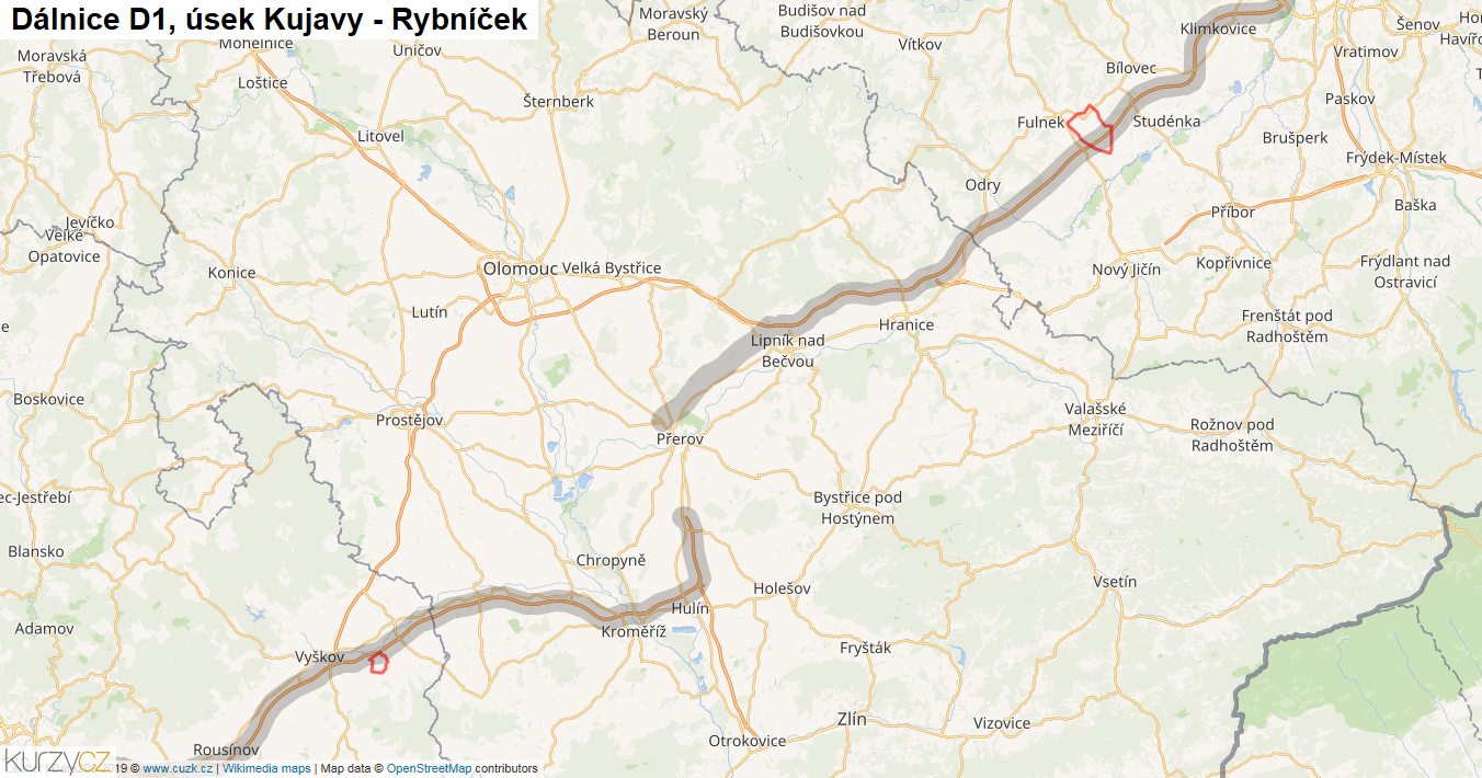 Úsek Kujavy - Rybníček, Dálnice D1 - Mapa