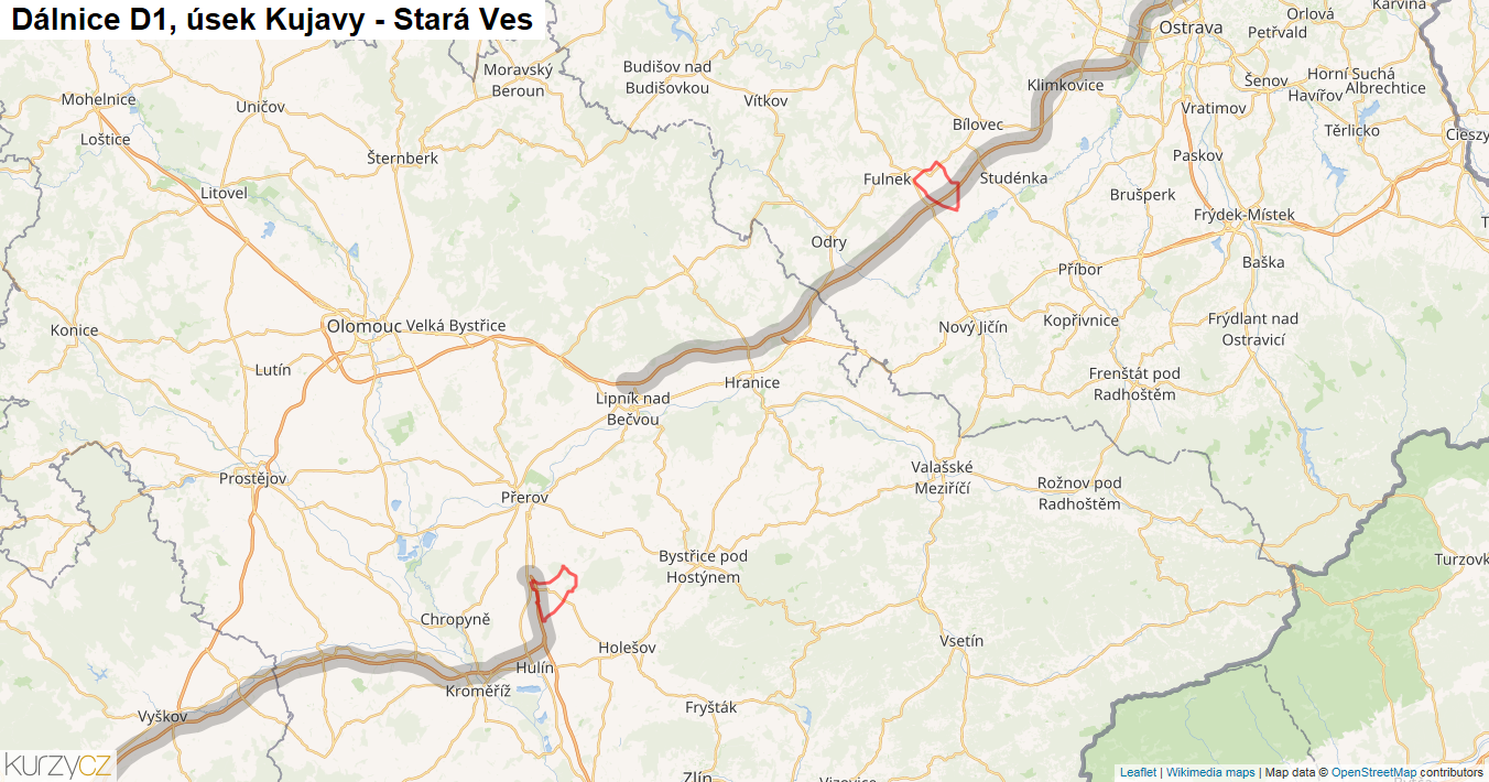 Úsek Kujavy - Stará Ves, Dálnice D1 - Mapa