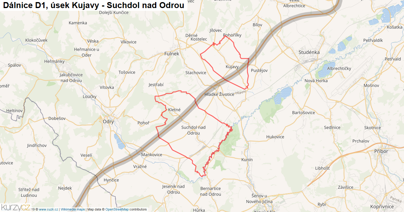 Úsek Kujavy - Suchdol nad Odrou, Dálnice D1 - Mapa