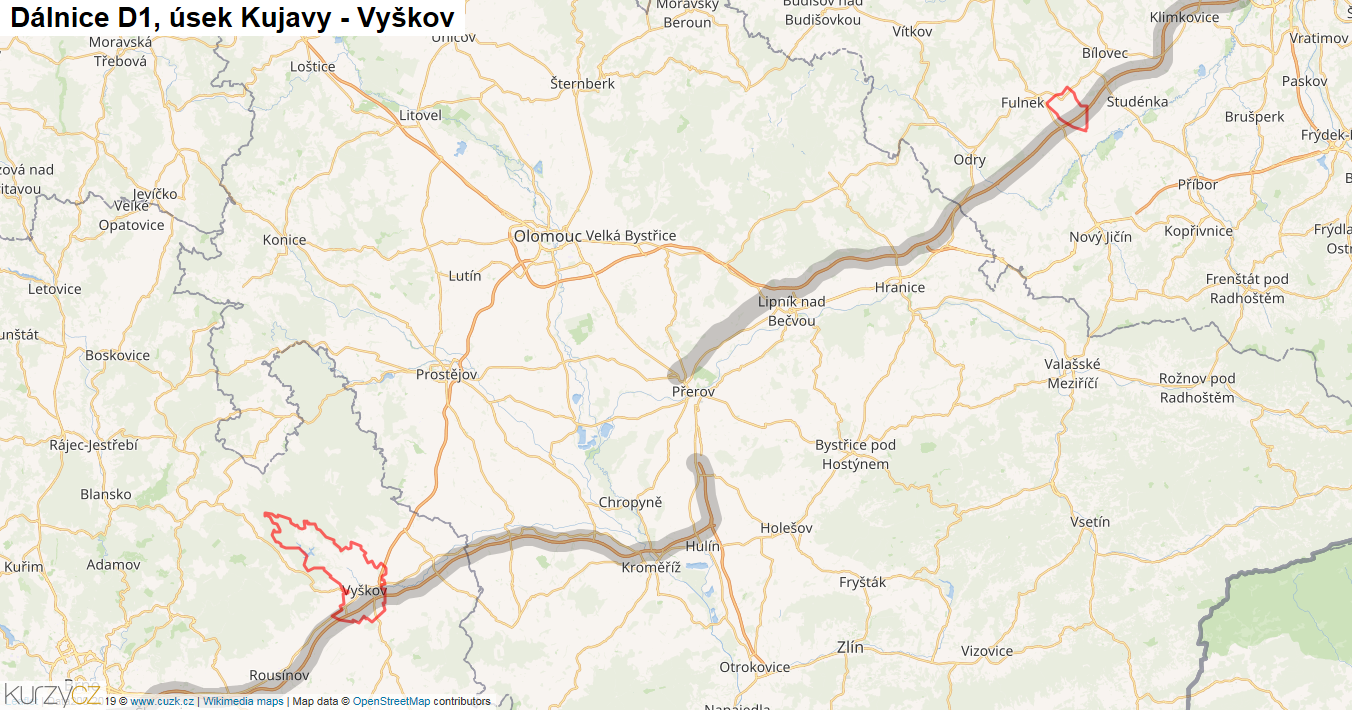 Úsek Kujavy - Vyškov, Dálnice D1 - Mapa