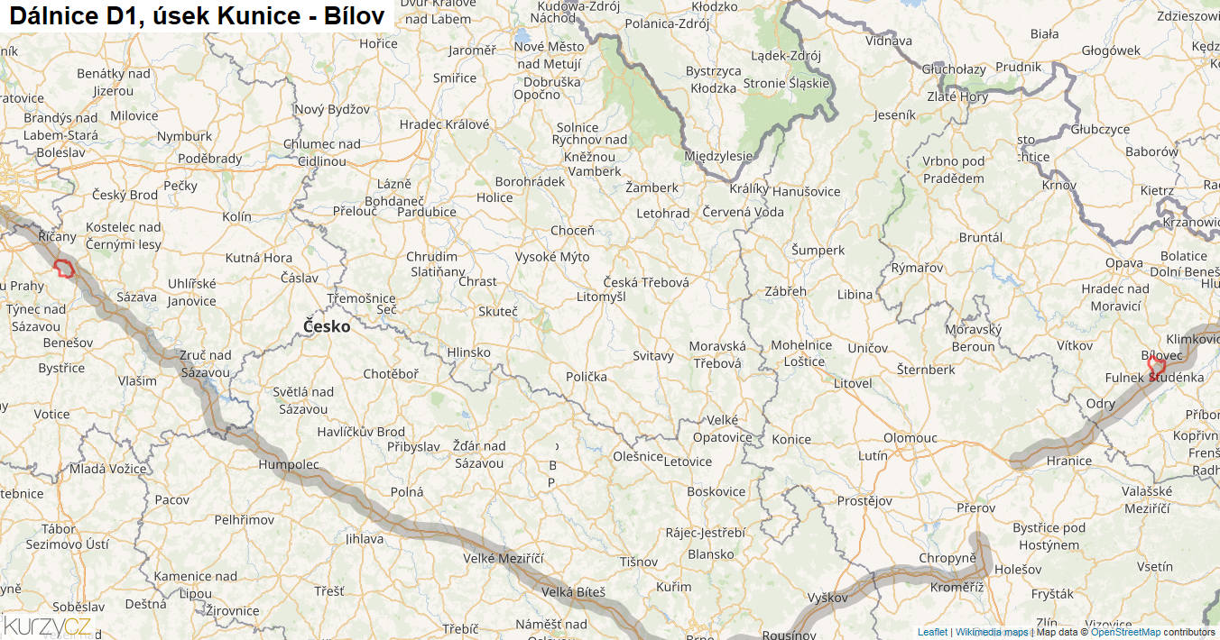 Úsek Kunice - Bílov, Dálnice D1 - Mapa