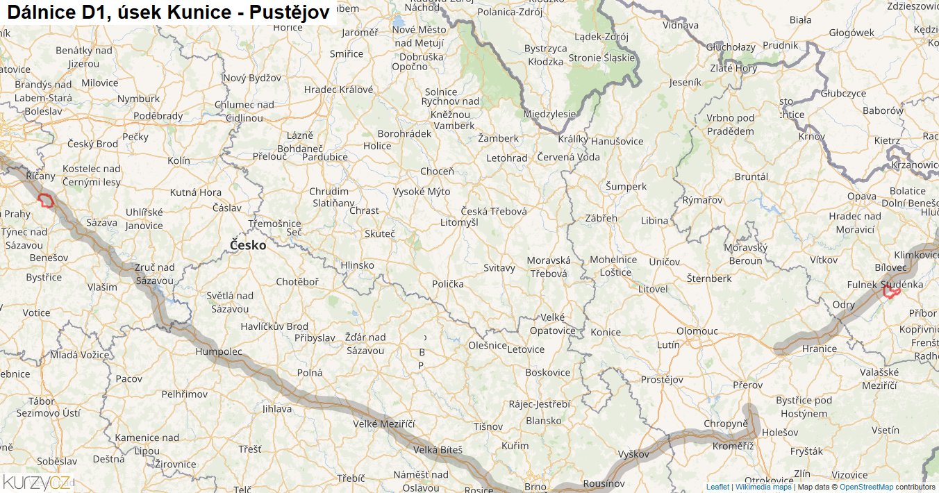 Úsek Kunice - Pustějov, Dálnice D1 - Mapa