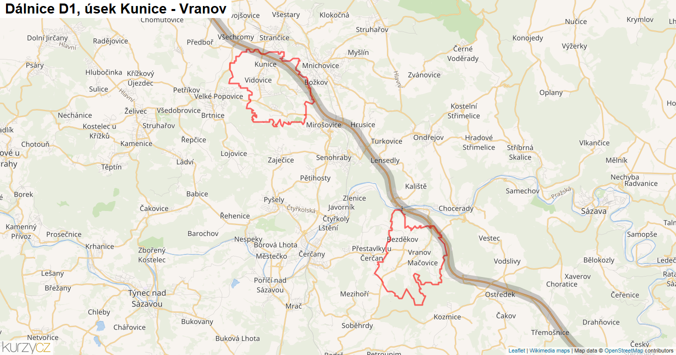 Úsek Kunice - Vranov, Dálnice D1 - Mapa
