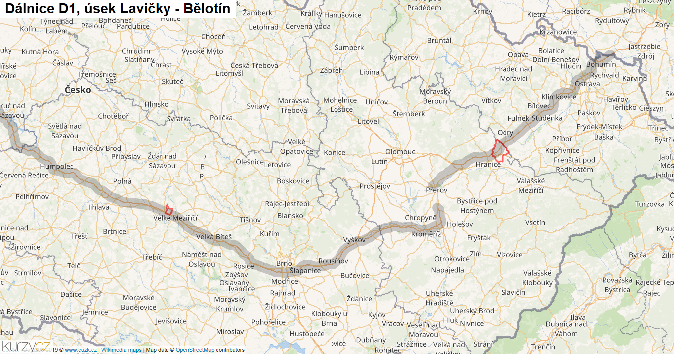 Úsek Lavičky - Bělotín, Dálnice D1 - Mapa