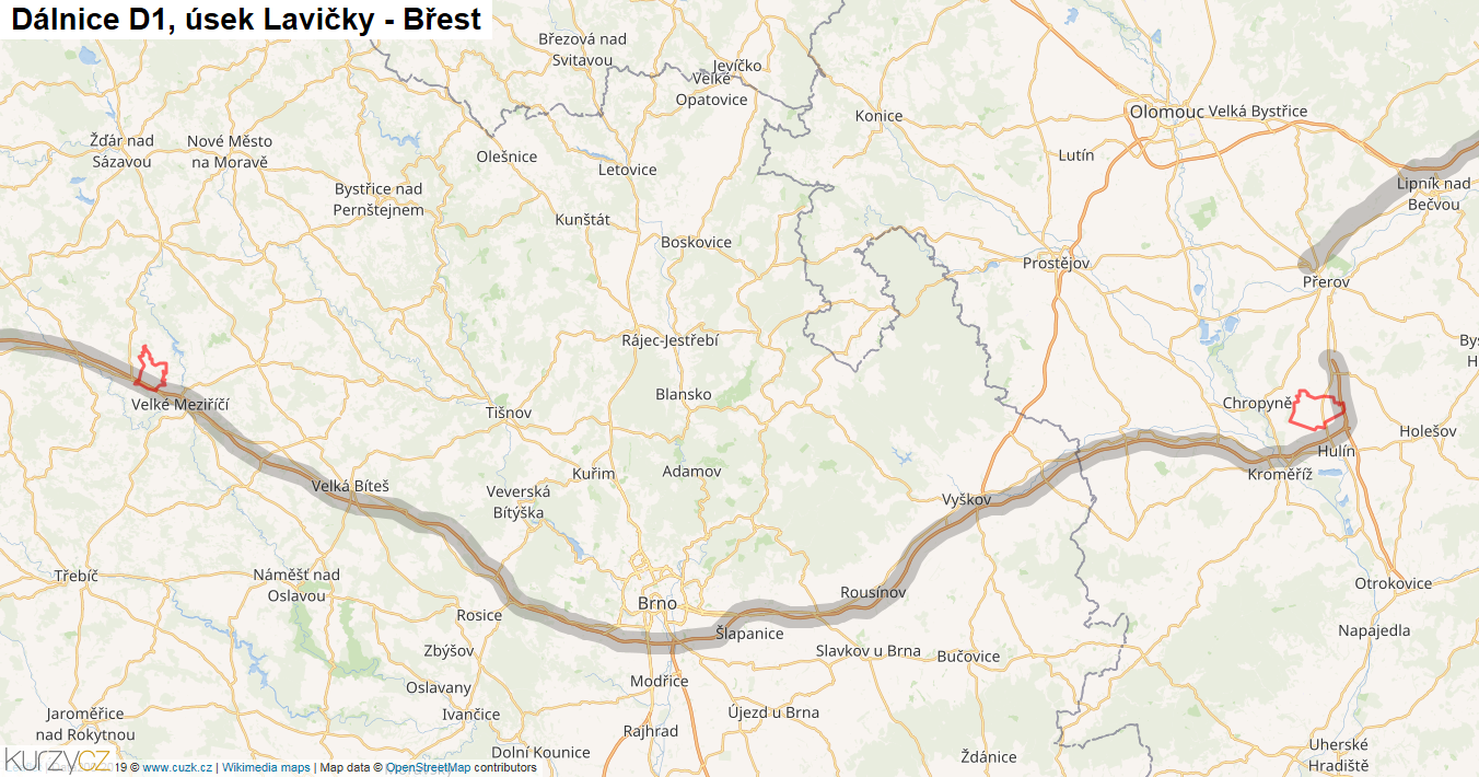 Úsek Lavičky - Břest, Dálnice D1 - Mapa
