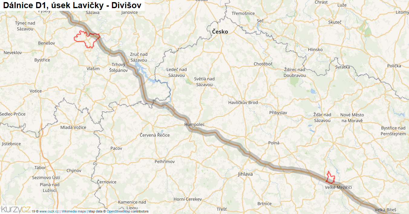 Úsek Lavičky - Divišov, Dálnice D1 - Mapa