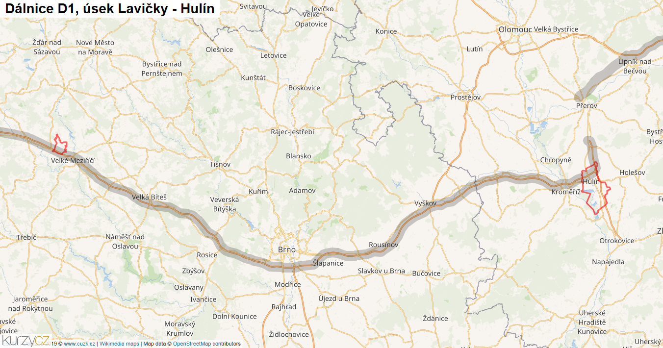 Úsek Lavičky - Hulín, Dálnice D1 - Mapa