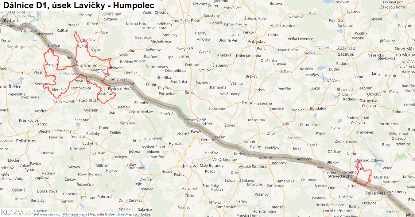 Úsek Lavičky - Humpolec, Dálnice D1 - Mapa