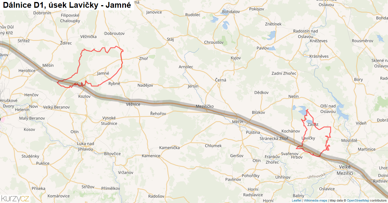 Úsek Lavičky - Jamné, Dálnice D1 - Mapa