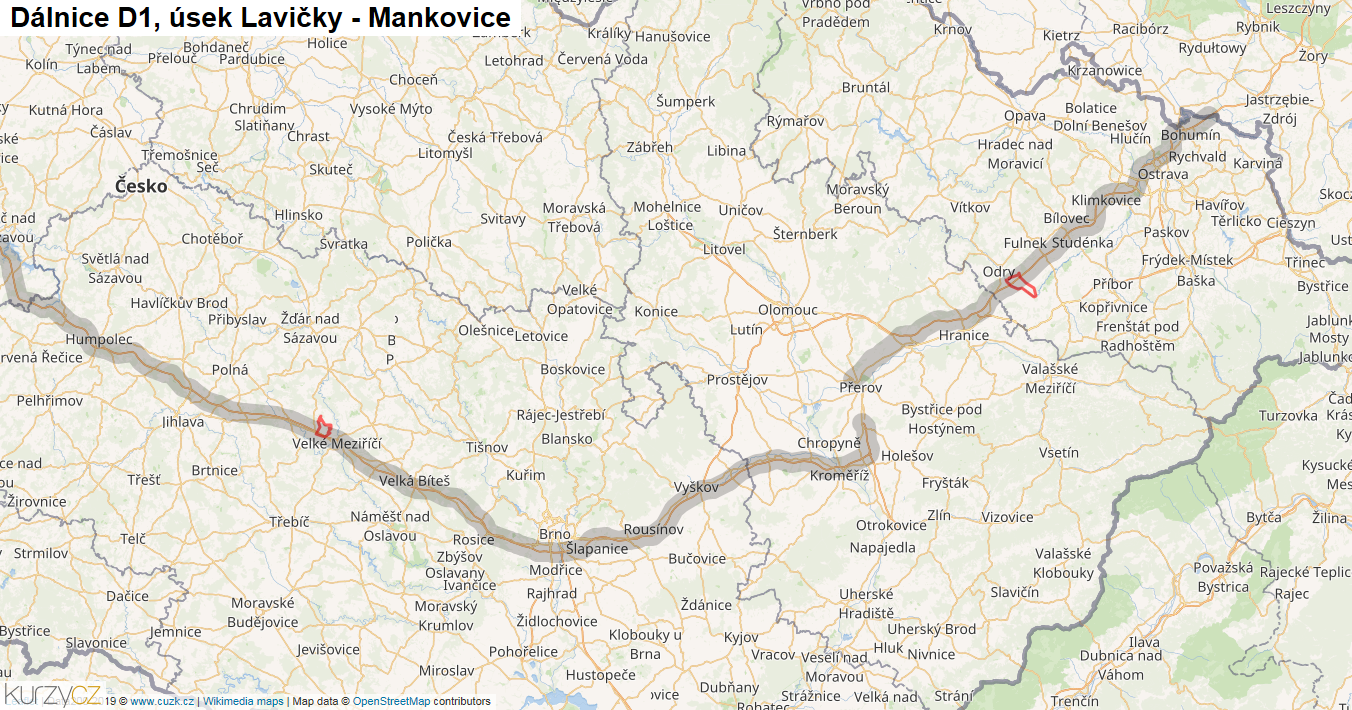 Úsek Lavičky - Mankovice, Dálnice D1 - Mapa