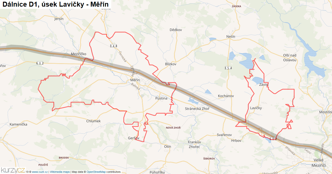 Úsek Lavičky - Měřín, Dálnice D1 - Mapa