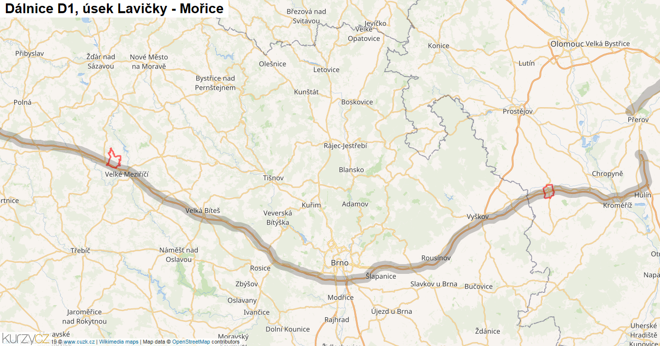 Úsek Lavičky - Mořice, Dálnice D1 - Mapa