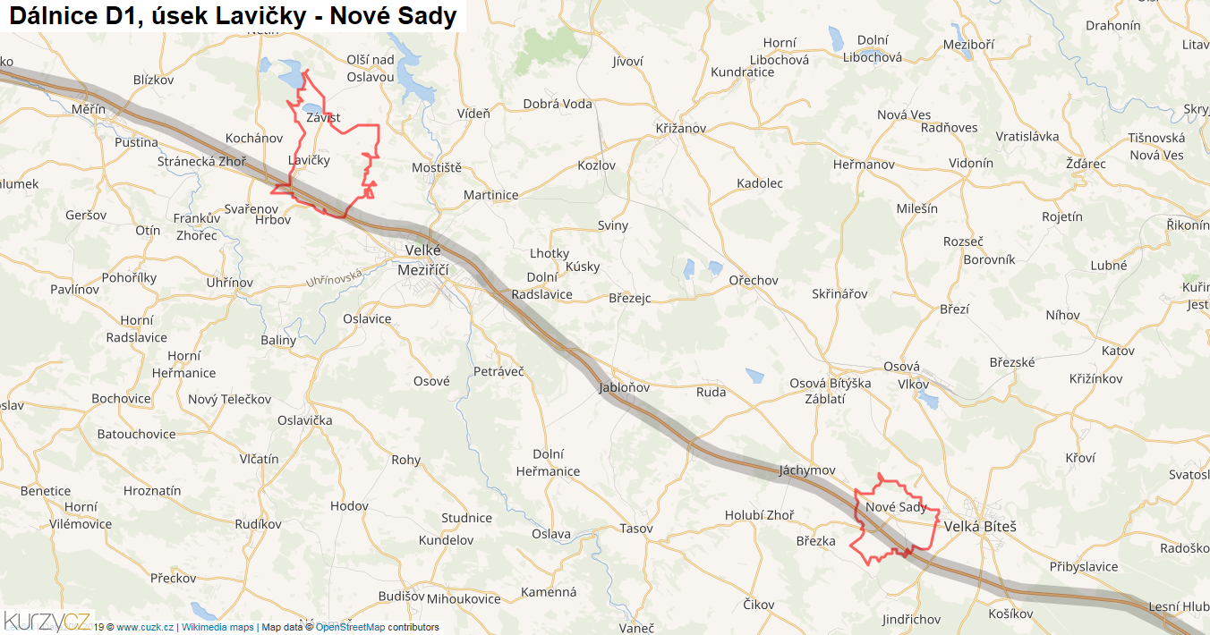 Úsek Lavičky - Nové Sady, Dálnice D1 - Mapa